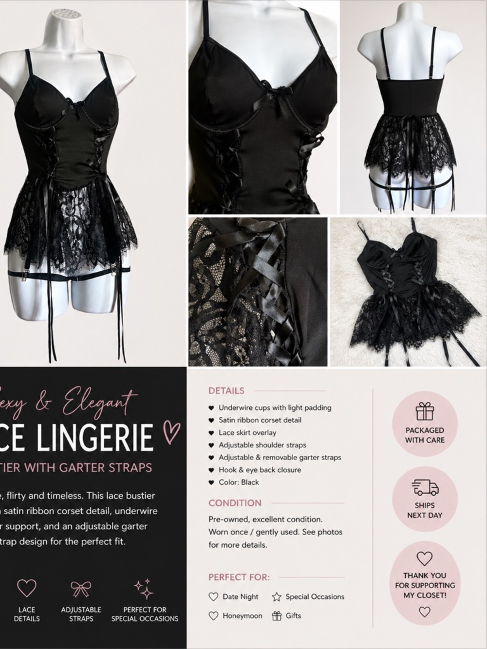 Black Lace Bustier Lingerie Corset Garter Straps Satin Detail Sexy Elegant
